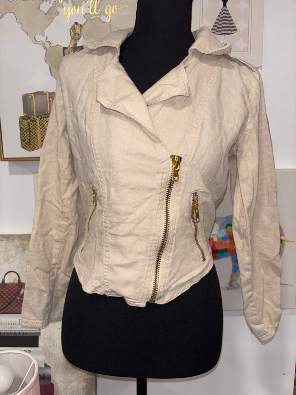 Guess Cream Biker Jacket with Gold Zippers